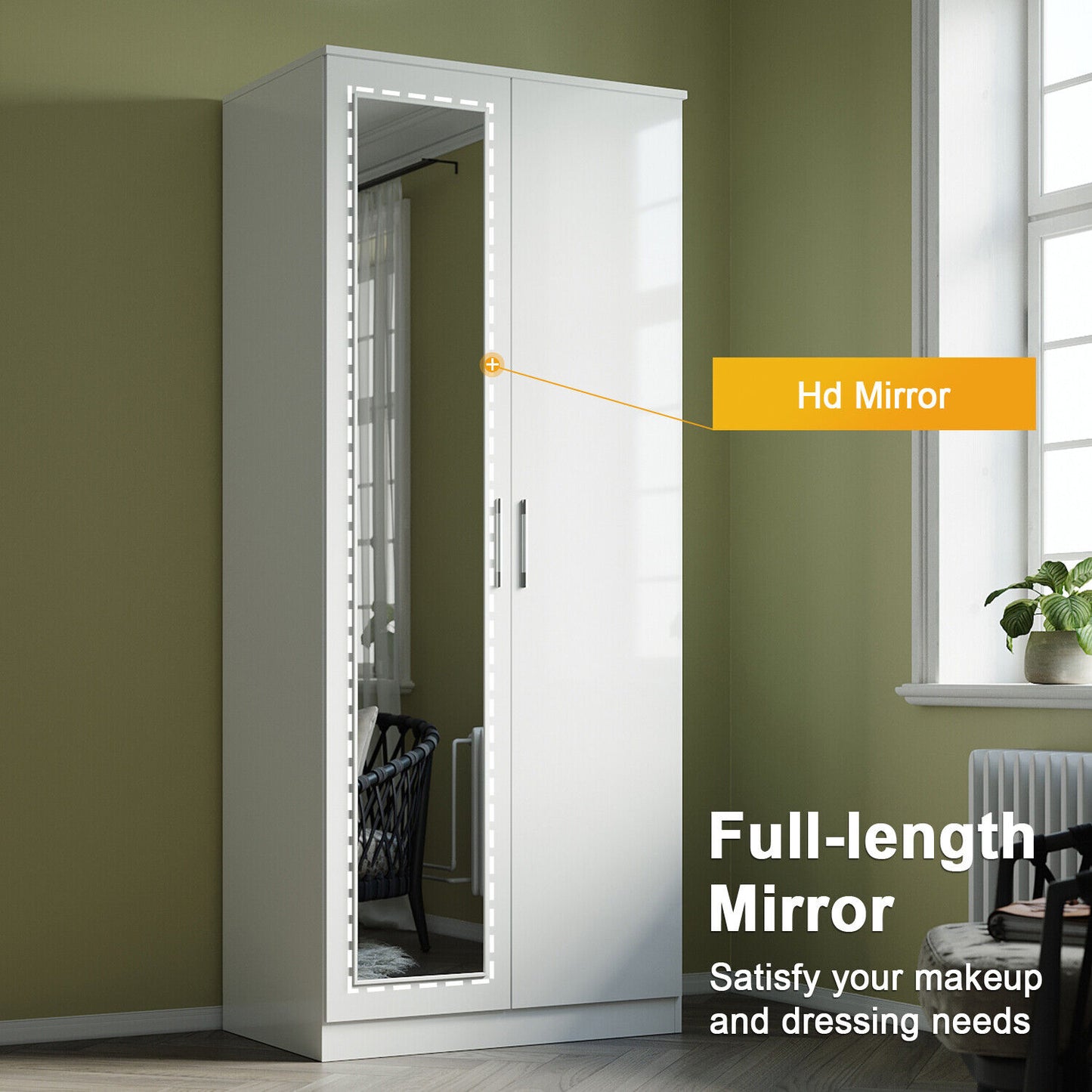High Gloss 2 Door Wardrobe Bedroom Furniture Storage with Mirror Hanging Rail
