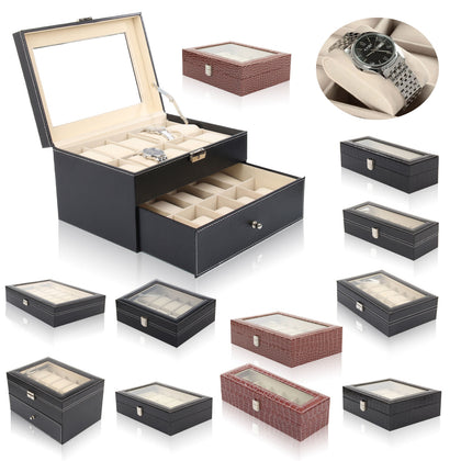 6-24 Grid Slots Watch Box Leather Display Glass Top Jewelry Storage Case