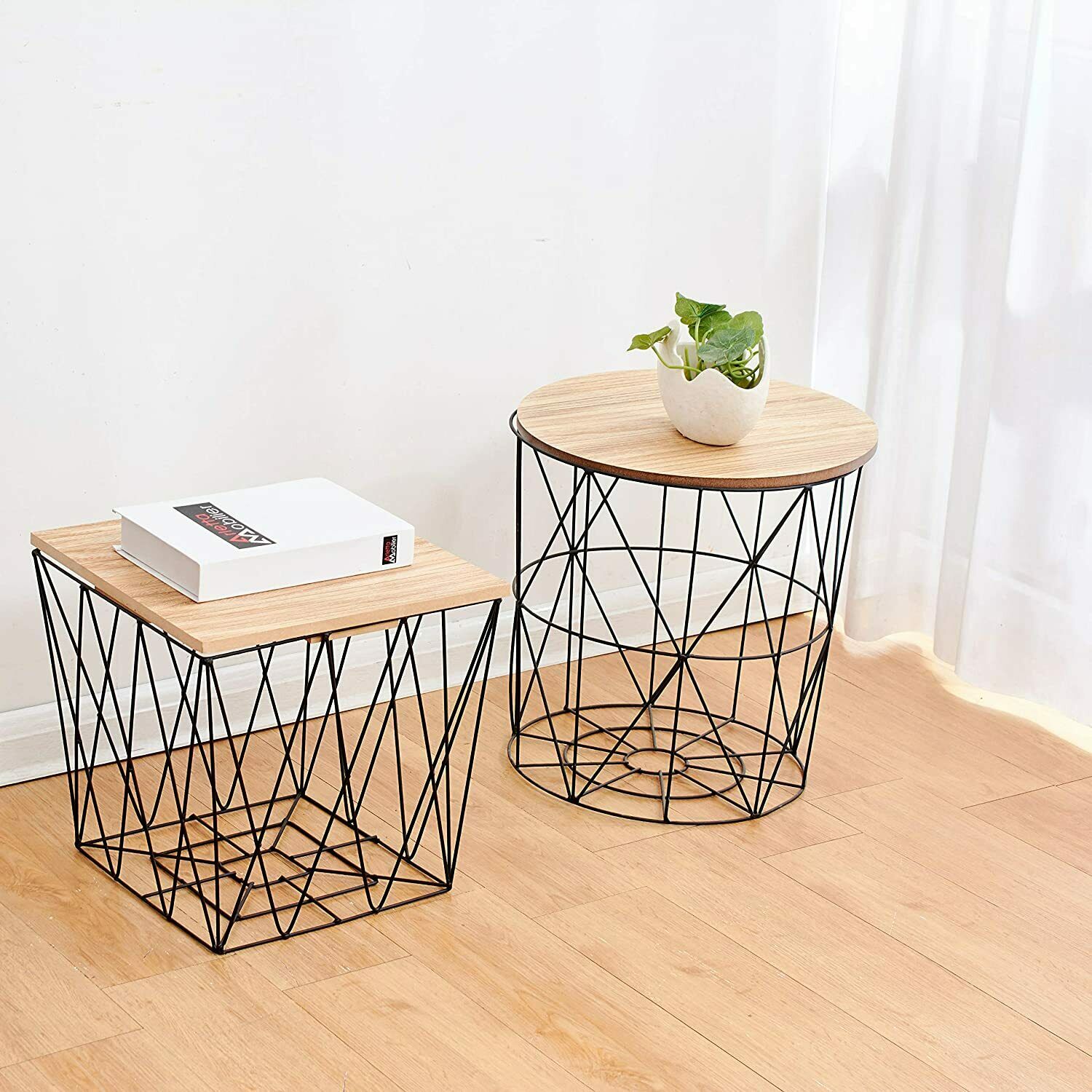 Retro Side Table Baskets Marble Wood Top Storage Basket Tables Home Furniture