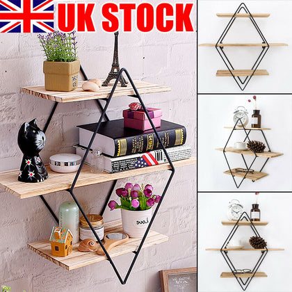 3 Tier Floating Shelves Metal Wood Wall Shelf Hanging Decor Storage Display Rack