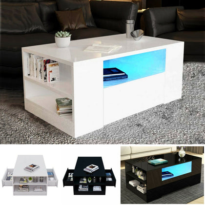 LED Wooden Coffee Table With Storage 2 Drawers Living Room Furniture High Gloss