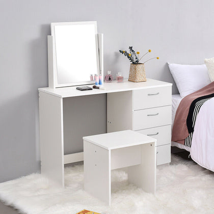 Modern Dressing Table Stool Makeup Desk w/4 Drawer & Large Mirror White vanity