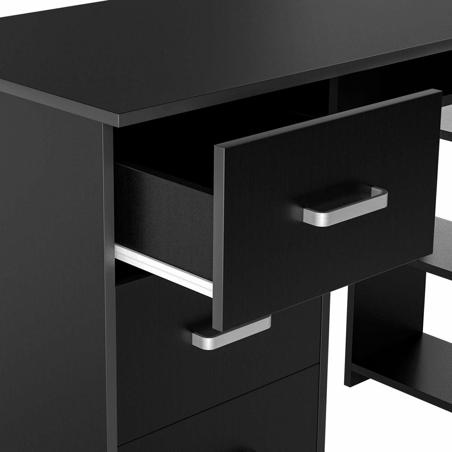 110cm Computer Table 110cm Computer Desk PC Table Workstation w/ 3 Shelf & Drawers Black ...