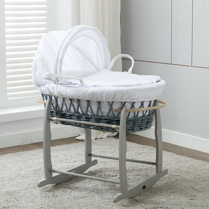 MCC®Full Set Grey Wicker Moses Basket With Mattress,Bedding sets, Rocking Stand