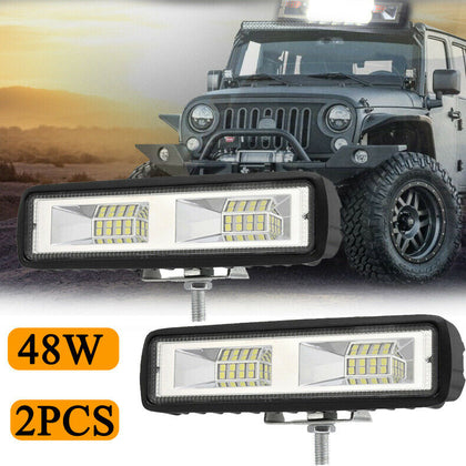 2Pcs 6 Inch 48W LED Work Lights Bar Flood Fog Lamp Offroad Driving Truck SUV ATV