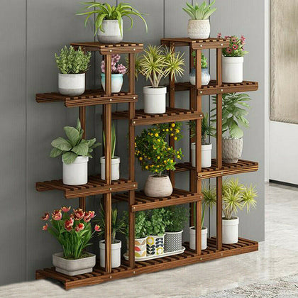 Symmetric Double Shelves Plant Stand 17 Potted Flower Pots Organizer Shelf Rack