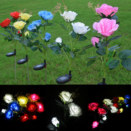 3 LED Solar Power Rose Flower Stake Lights Outdoor Garden Path Luminous Lamps