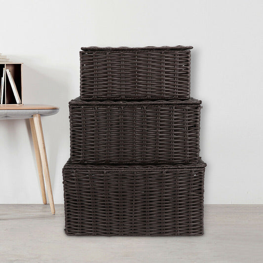 Set of 3 Laundry Basket Cotton Lining With Lid Bathroom Clotehs Storage