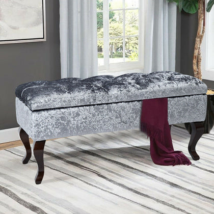 Chesterfield Storage Bench Ottoman Crushed Velvet Queen Anne Legs Pouffe Stool