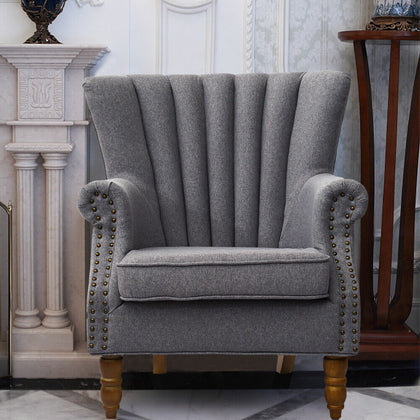 Vintage Linen Fabric Queen Anne Wing Chair Fireside High Back Armchair Sofa