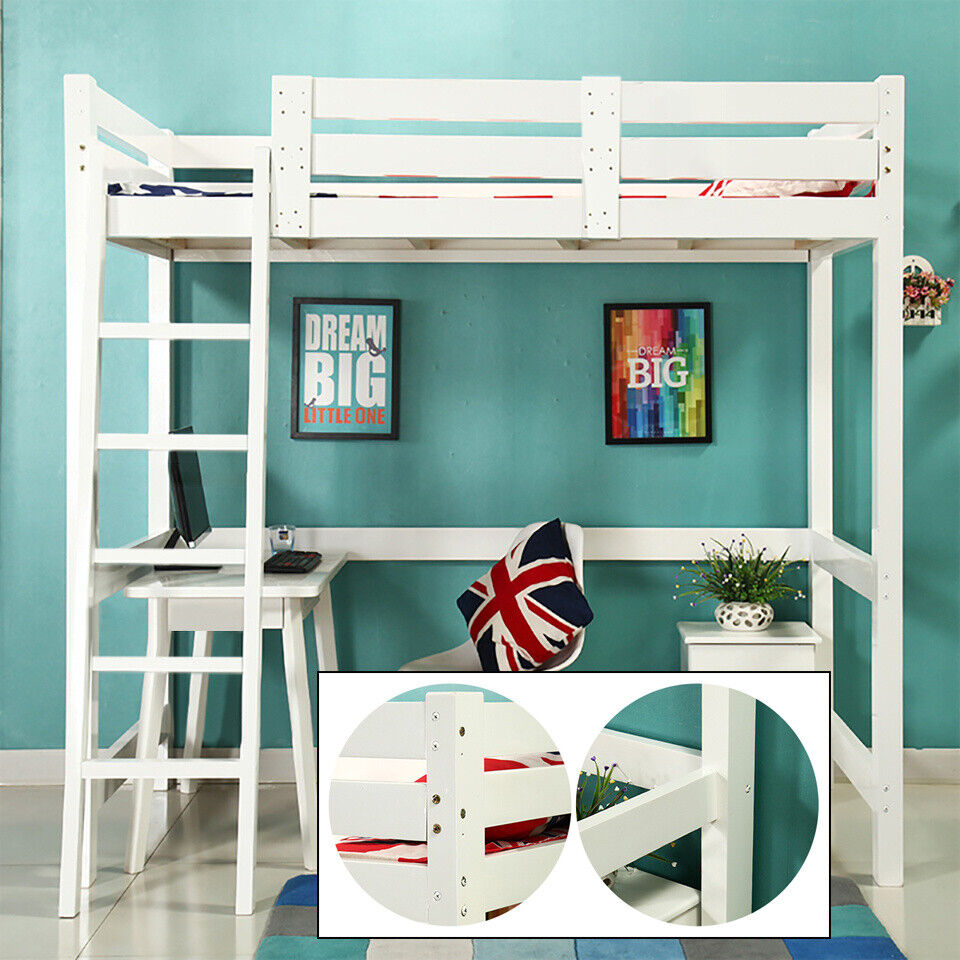 3FT High Sleeper Loft Cabin Bed For Child Kid Wooden Bunk Bed Frame Ladder White