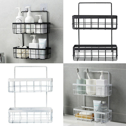 2 Tier Wall Bathroom Shower Towel Storage Basket Rack Kitchen Caddy Shelf Holder