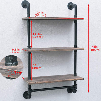 Industrial Shelves Wall Shelving Bathroom Kitchen Pipe Rustic Wood Shelf 3 Tier