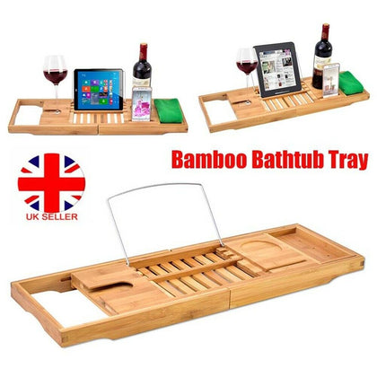 Bamboo Wood Bath Caddy Tray Large Bathtub Shower Shelf Wine Tablet Holder Rack