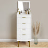 Tall Narrow White High Gloss Chest of 5 Drawers with Mirror - Valencia VLC009A