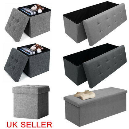 Large Grey Linen Folding Storage Ottoman Pouffe Seat Foot Stool Storage Box Size