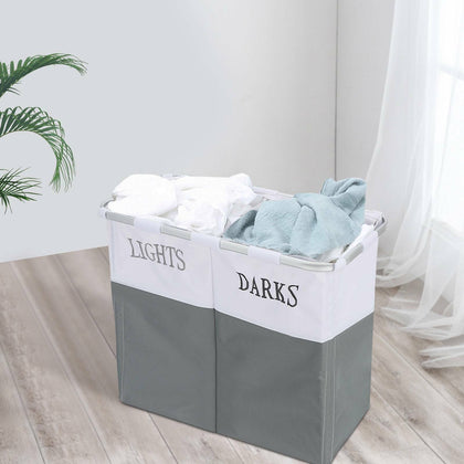 2 COMPARTMENT LAUNDRY CLOTHES WASHING STORAGE BASKET HAMPER DARK AND LIGHTS UK