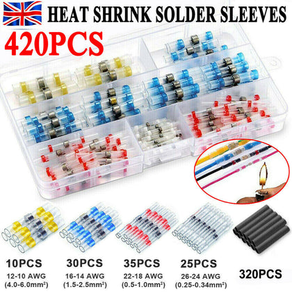 420PC Solder Sleeve Seal Heat Shrink Electrical Butt Wire Terminal Connector Kit
