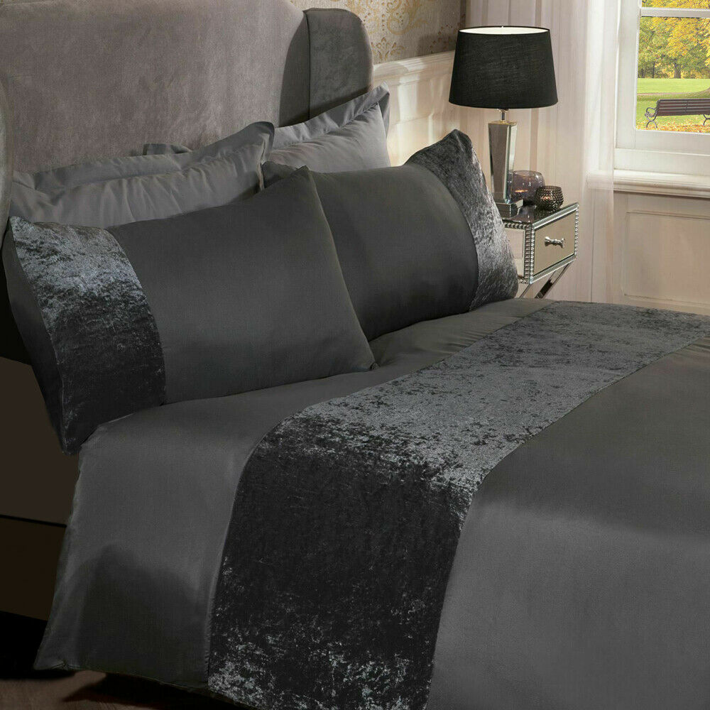 Modern Crushed Velvet Panel Duvet Cover with Pillow Case Bedding Set Silver Grey