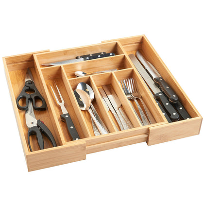 Extendable Bamboo Cutlery Tray Kitchen Drawer Organiser 7-8 Storage Compartments