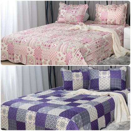 3PCs Patchwork Quilted Bedspread Printed Bed Throw Comforter with Pillow Shams