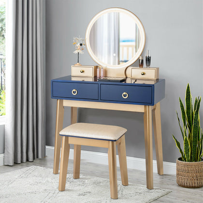 Modern Makeup Table Set Vanity Dressing Table W/ Stool LED Mirror & 4 Drawers