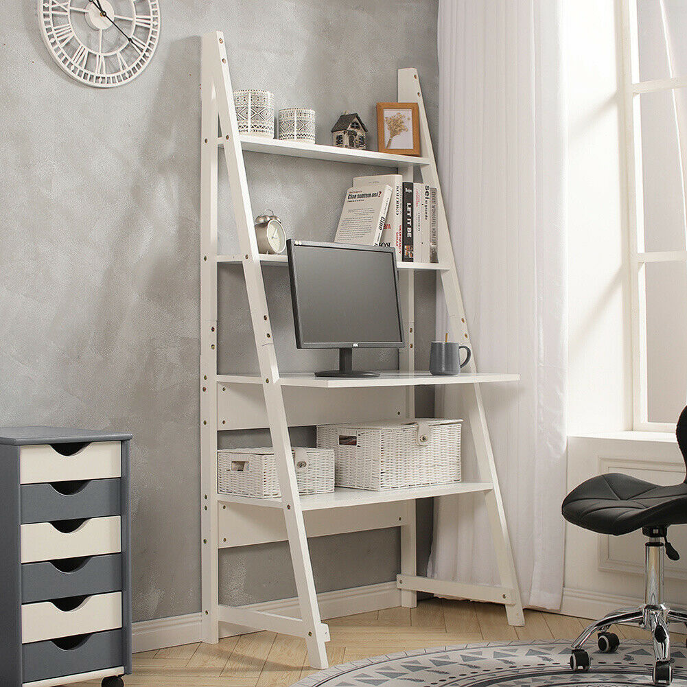 Computer Study House Leaning White Ladder Desk Shelf Computer Study Home / Office Modern Wi ...