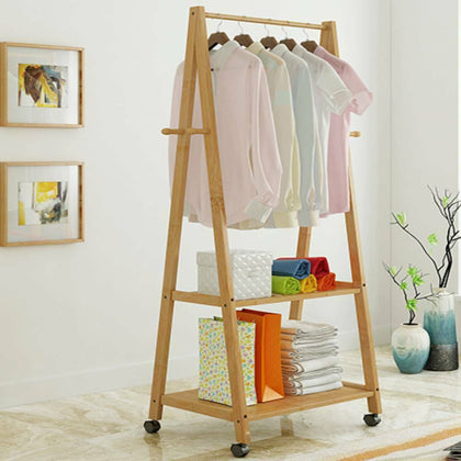 Movable Bamboo Clothes Garment Hanging Rack Rail & Lower Storage Shelf