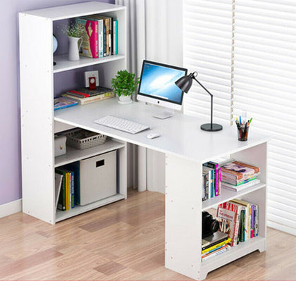 L Shaped White Computer Desk 6 Shelves Gaming PC Table Office Home Corner Wooden