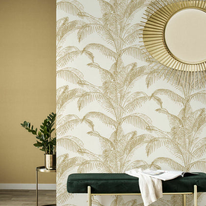 Pandore Palm Leaves Wallpaper Textured Rasch 406818 White / Gold