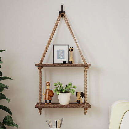2 Tiers Wooden Hanging Rope Shelf Wall Mounted Floating Shelf Storage Rustic