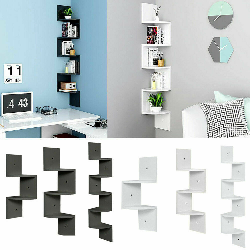 3/5 Tier Floating Wall Shelves Corner Shelf Storage Wood Display Bookcase Decor