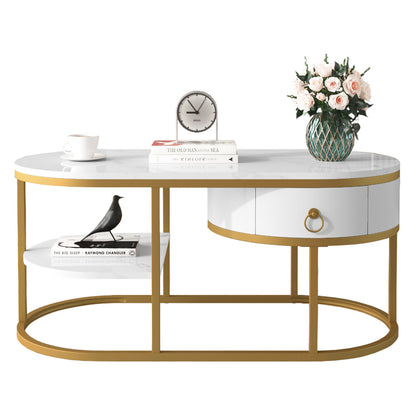2-Tier Coffee Table Marble Effects Cocktail Table Accent Table with Drawer HT