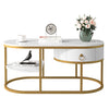 2-Tier Coffee Table Marble Effects Cocktail Table Accent Table with Drawer HT