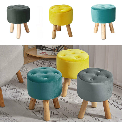 Round Upholstered Footstool Pouffe Stool Tufty Button Decorated Seat Chair Wood