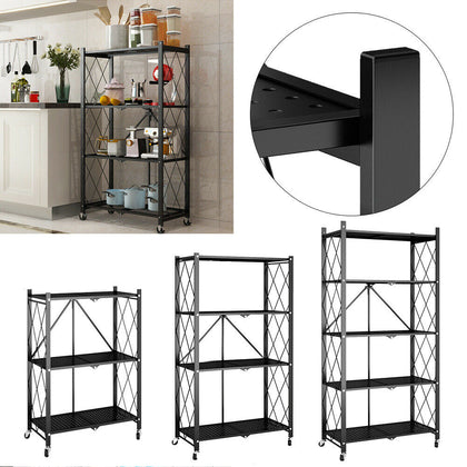 Black 3/4/5Tier Folding Storage Rack Microwave Oven Shelf With Wheel