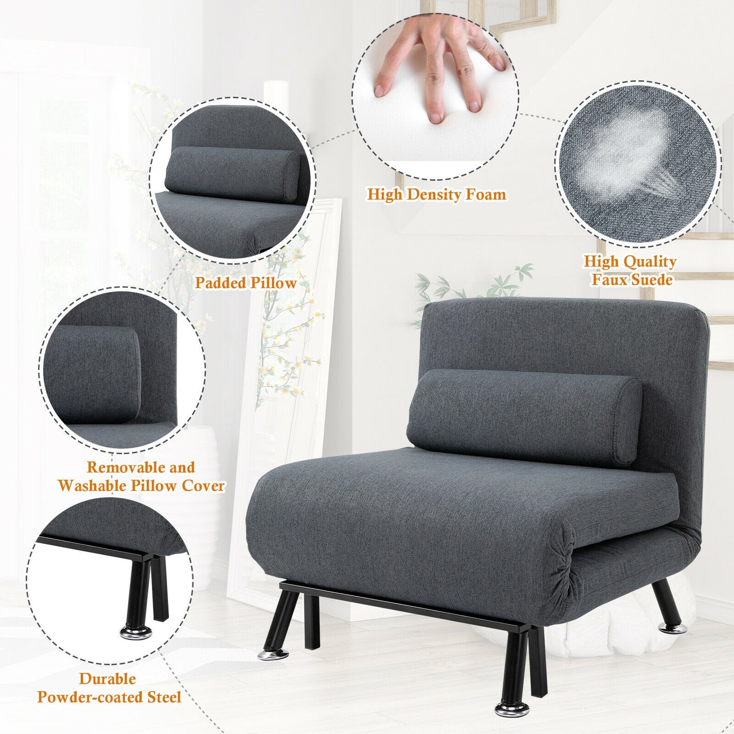 HOMCOM Folding 5 Position Steel Convertible Sleeper Bed Sofa Chair Lounge- Black