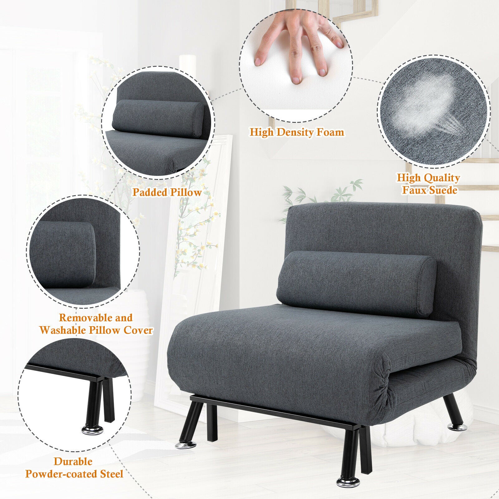 HOMCOM Folding 5 Position Steel Convertible Sleeper Bed Sofa Chair Lounge- Black
