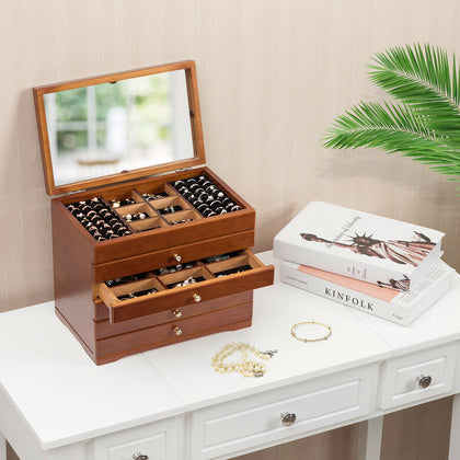 Mirrored Wooden Jewellery Box Chest Rings Necklaces Storage Organiser Cabinet