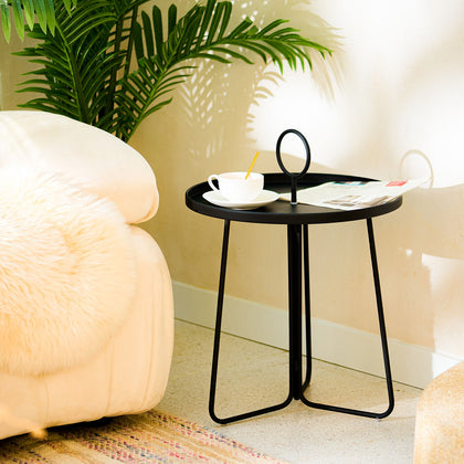 Round Coffee Table 42cm Foldable End Small Bedside Table w Handle and Steel Base