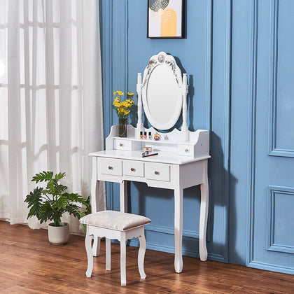 Dressing Table W/5 Drawer Oval Mirror Stool Set Makeup Vanity Bedroom Desk White