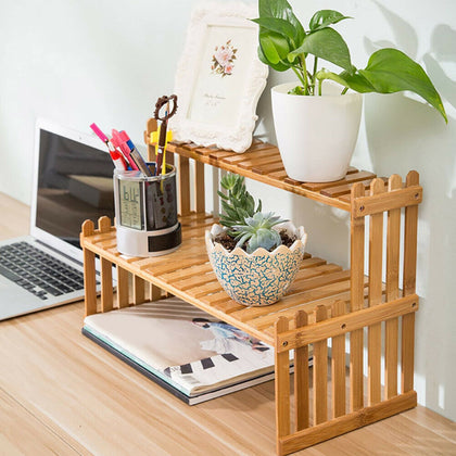 Home Office Desk Storage Rack Wooden Slat Succulent Plant Stand Organizer Shelf