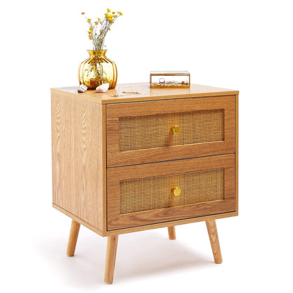 Rattan Bedside Table | Nightstand Cabinet 2 Drawer Wood Veneer Side Table | BTFY