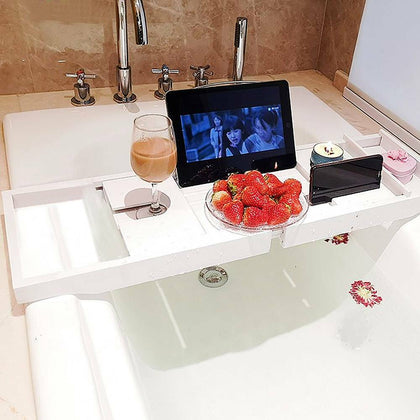 Luxury Bamboo Bath Bridge Tray Caddy with Tablet Holder & Slide-in Glass holder.