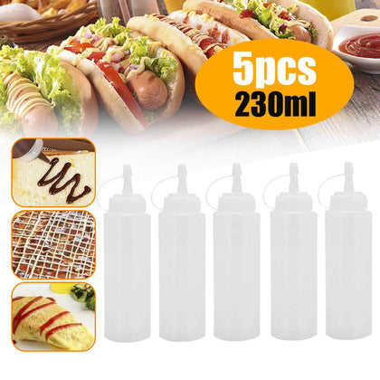 5pcs 230ml Clear Plastic Squeeze Bottle Condiment Dispenser Ketchup Salad 8oz