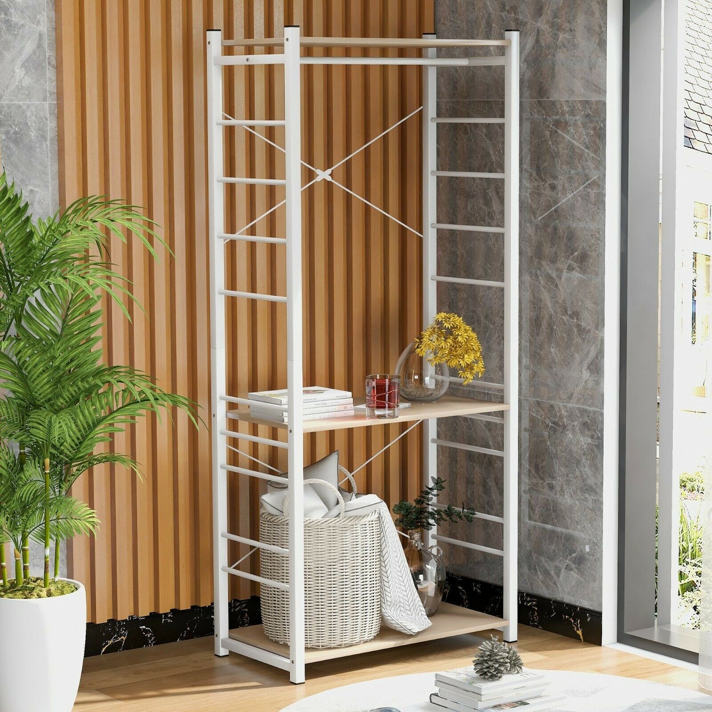 Coat rank Shoe Rack Hanging Bench Seat Hanger with Removable 6 Hooks Wood