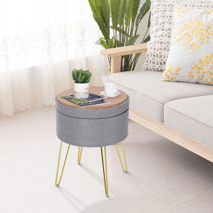 Round Linen-Look Storage Ottoman Footstool Wood Frame w/ Metal Legs Grey