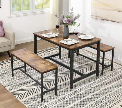 Industrial Dining Table Set 3 Rustic Metal Furniture Vintage Kitchen Bench/Chair