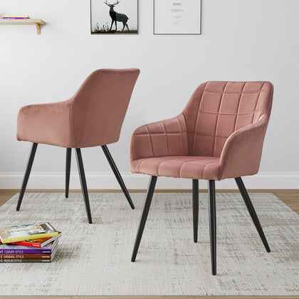 Pair Of Modern Dining Chairs Pink Velvet Armchairs Metal Legs Home Dining Room