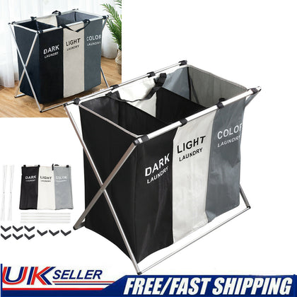 Large 3 Section Laundry Washing Clothes Bag Hamper Sorter Folding Organiser Rack